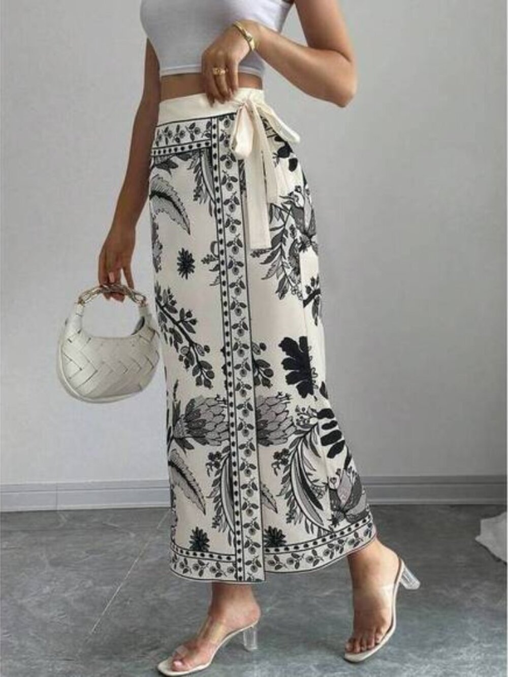 Elenzga Women's Elegant Floral Print Wrap Tie Straight Skirt, Vacation Style